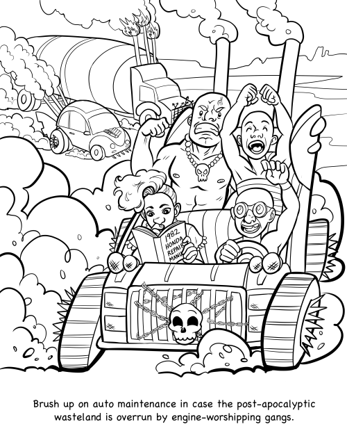 Hi all! The Apocalypse Coloring and Activity Book is out TODAY! This handy book will help you stay a