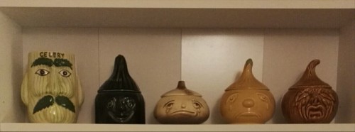 this is most of my collection of 1950s anthropomorphic pickle jars