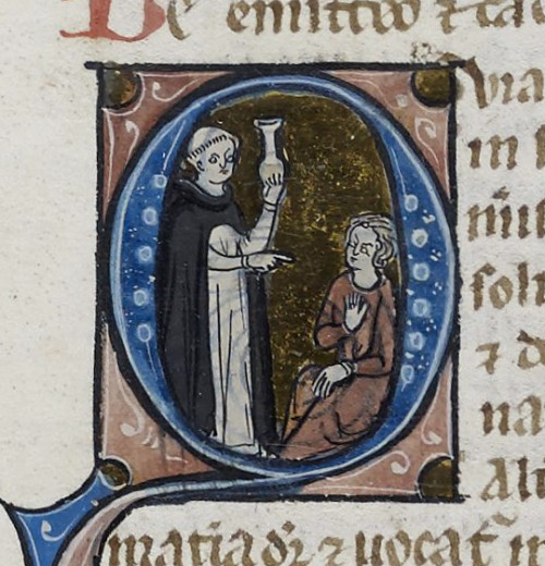 This Dominican doctor on fol. 121v of LJS 24 is holding a flask of urine and accusing his patient of