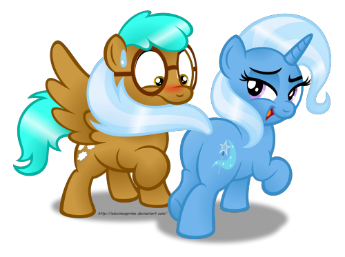 iamaleximusprime:  A commission for HighRollerHydra on Deviant Art.  His OC, Cloud Tumble, and Trixie doing the flirty tail-stroke thing I started a while ago.  He’s one lucky stallion!  :3  X3