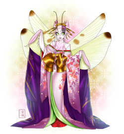 kittycatkissu: Ranko: Oiran Cattleya  Everything is hand-drawn aside from the pattern on the obi/bg and red kimono underneath.  I like to draw details yes.