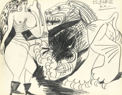 thunderstruck9:  Pablo Picasso (Spanish, 1881-1973), Dompteuse et lion [Lion tamer and lion], 22nd September 1968. Black crayon on paper, 24 x 31.1 cm. 