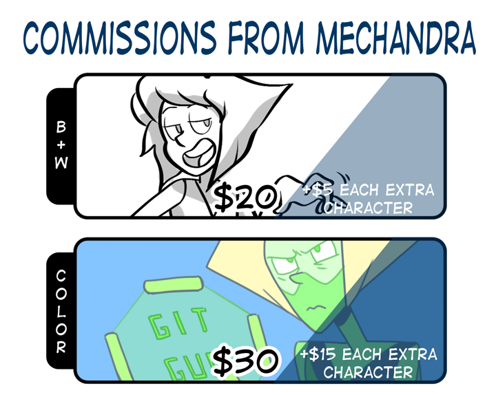 mechandra:  Like my art? Want me to draw your thing? Commission me! I am currently