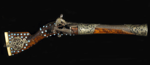 A silver and turquoise mounted miqulet blunderbuss originating for Northern Iran or the Caucuses, 19
