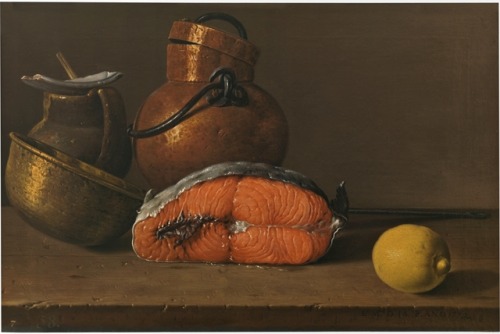 Bodegón con salmón, limón y recipiente por Luis Egidio Meléndez, 1772.