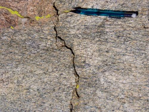 Shearing MagmaThis photo shows a chunk of an igneous rock (a tonalite) found in the Sierra Nevada, p