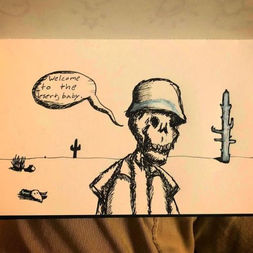 “Welcome to the desert, baby.” #art #pen #black #ink #cartoon #skeleton #desert #sketchb