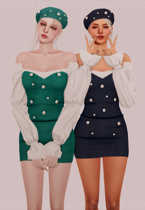 [RIMINGS] Off-shoulder Blouse &amp; Pearl Velvet Dress &amp; Beret - FULL BODY / HAT- NEW MESH- ALL 