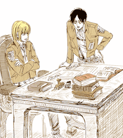 shingekinokyojins:  アルミン団長とエレン兵長[成長パロ] Lieutenant Eren and Commander Armin 