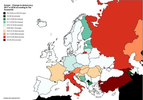 mapsontheweb:Change in democracy index score from 2017 to 2018 in Europe.