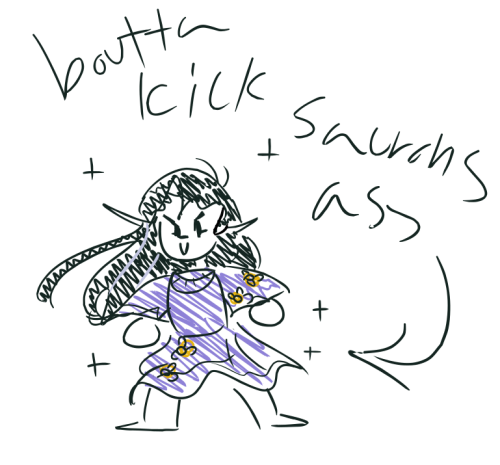 A chibi digital doodle of Luthien looking determined and standing against a white background. She's wearing her signature blue dress, and all the colored bits of the drawing are haphazardly scribbled in. Handwritten text above her says "Boutta kick Saurons ass."