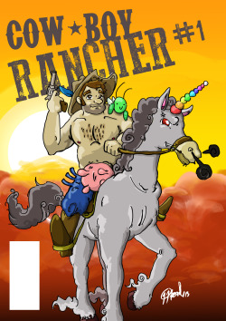 wolfiboi:  Cow-Boy Rancher Comic Issue 1 Cover After my travels to South America I am doing a western themed comic. The protagonist, Rancher is a man who has been cursed with an udder by a wicked witch. He also has the ability to turn people into animals