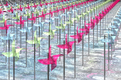 Summer festival windmills and windchimes installation at Tokyo garden terrace, seen on