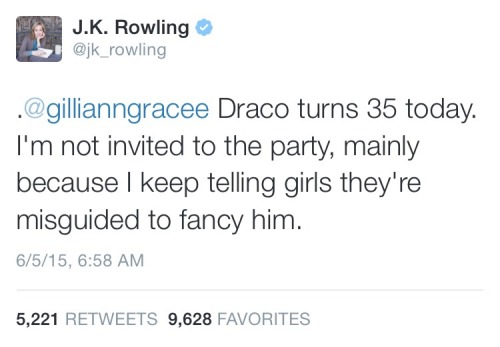ibuzoo:maldraco:I really truly don’t get why jk rowling is so vehemently against people liking draco