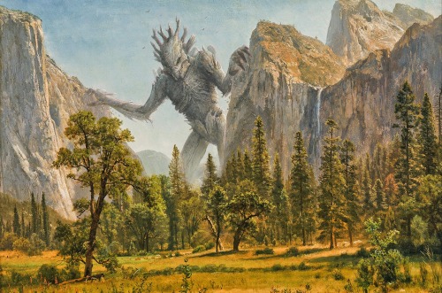 mochaspar:  le0night: Oliver Wetter abandoned iron giant at lake in swiss mountains(aleksey savrasov’s lake in the swiss mountains) kaijufornia spring(albert bierstadt’s california spring) a kaiju evening at the juniata(thomas moran’s the juniata,