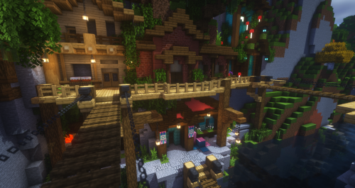 ravine settlement work in progress, featuring old brick library, mushroom-infested apothecary, and a