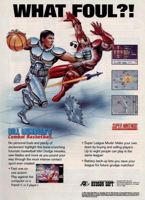 vintageadvertising:Print ad for Bill Laimbeer’s Combat Basketball on the Super Nintendo, as seen in 