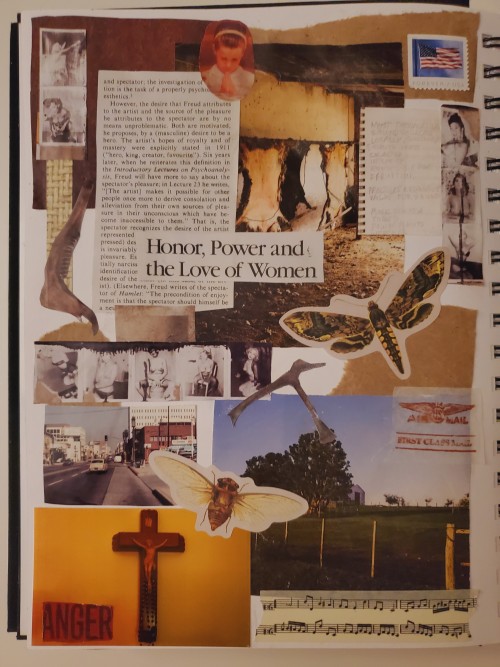 A photo of a collage page inspired by Preacher's Daughter by Ethel Cain. The collage is filled with newspaper like text, photos of nature, Christian imagery, and bones. The collage is mostly brown, white, and orange.