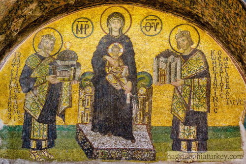 romebyzantium:Vestibule Mosaic. In the mosaic, we see Justinian, Christ, Mary and Constantine. Sitti