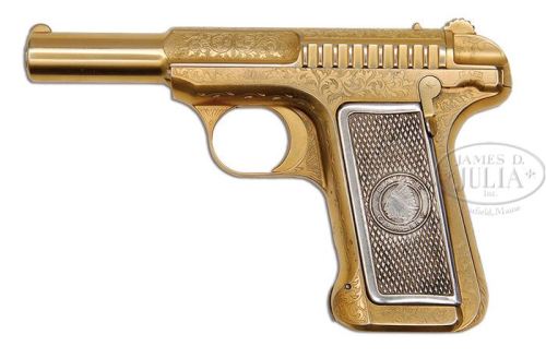 Rare gold plated and factory engraved Savage Model 1907.Sold at Auction: $12,650