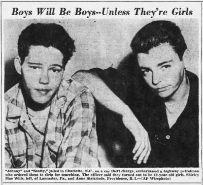 lesbianherstorian:
“butch criminals “johnny” and “scotty” who drew national coverage for their car theft, discovered after being picked up for lacking driver’s licenses. article from the arizona republic, august 1949
”