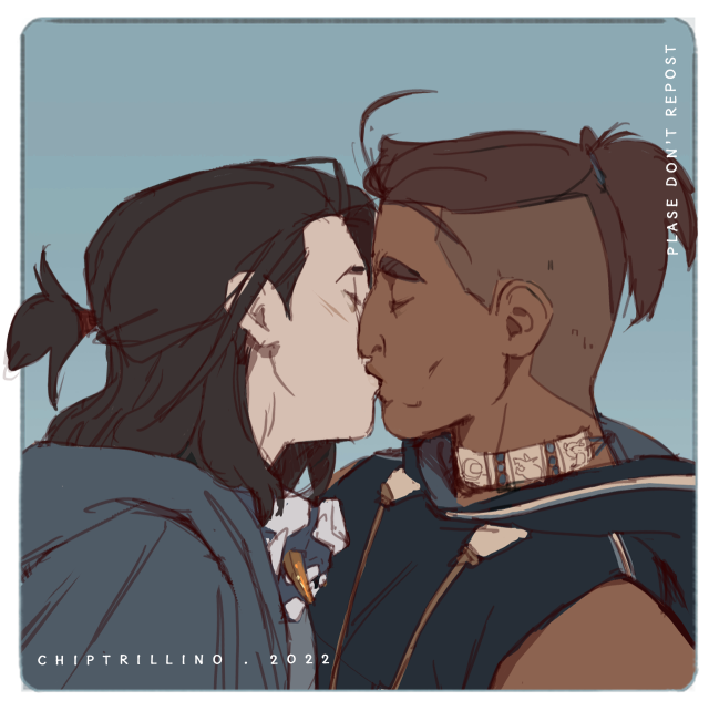 Fanart of sokka and zuko form Avatar the last airbender. it’s a close-up from the shoulder up, showing both boys in profile kissing. zuko is on the left side of the image. wearing a blue cloth and his hair half up half down. around his neck hangs a blue spirit mask. sokka is on the right wearing a dark blue, sleave free top. his hair is in his iconic ponytail. in the upper right corner is a small text saying "please don't repost" on the lower left corner is the artist signature "chiptrillino . 2022" 