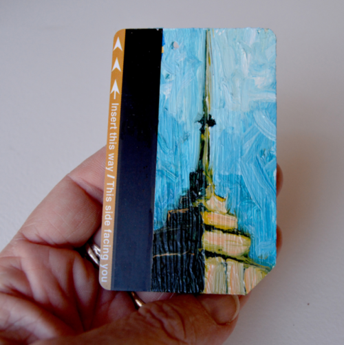 Empire State Building No. 20 2.5&quot; x 3&quot; Oil on Metro Card SOLDMore Metro Card 