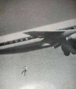 dichotomized:  Keith Sapsford, 14, Australian, hid in the wheel housing of a Japan Air Lines Tokyo-bound jet in Sydney. John Gilspin, an amateur photographer, was testing his new camera lens as the plane took off and unwittingly caught Keith Sapsford’s