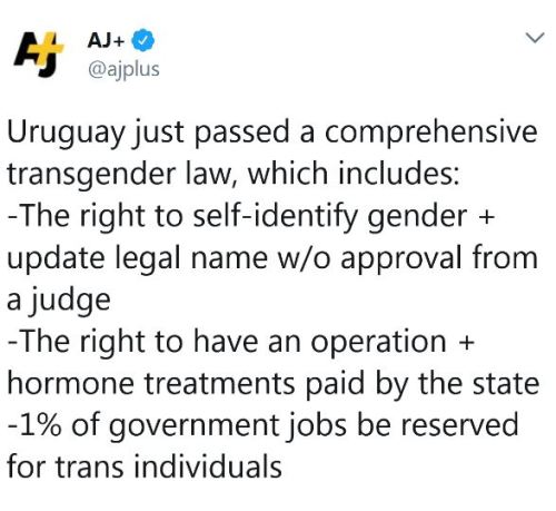 mintyliciousbjd:  glyndarling:  blackqueerblog: 2018 When Uruguay is more progressive than the US 😐 Yeah, I would like that here, but I am still taking a moment to be super excited for them.  My heart is so happy for Uruguay!!! 