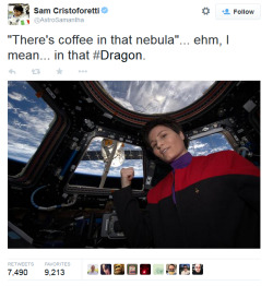 sourcedumal:  tockthewatchdog:  prokopetz:  lilium-m:  rainbowbarnacle:  devilishkurumi:  European Space Agency astronaut Samantha Cristoforetti, the first  Italian woman in space, took a moment to celebrate Captain Janeway at  around 250 miles above