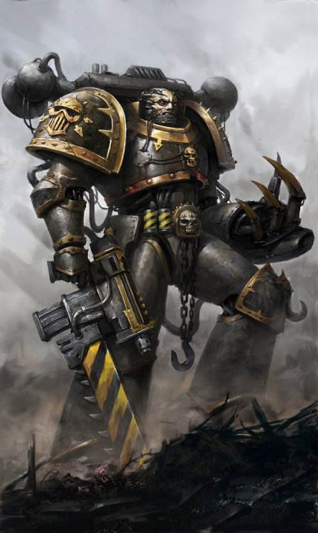 wearetheblacklegion: wh40kartwork: Iron Warrior  He got a chainsword attached to his bolter. 10/10 v