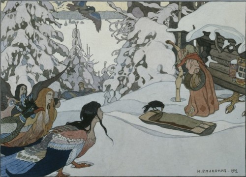 russianfolklore:‘Baba Yaga and maiden birds’ by Ivan Bilibin (1902).