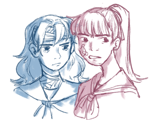 “talk shit get hit” girls[ID: sketchy portraits of ryoko and yuki from 13 sentinels