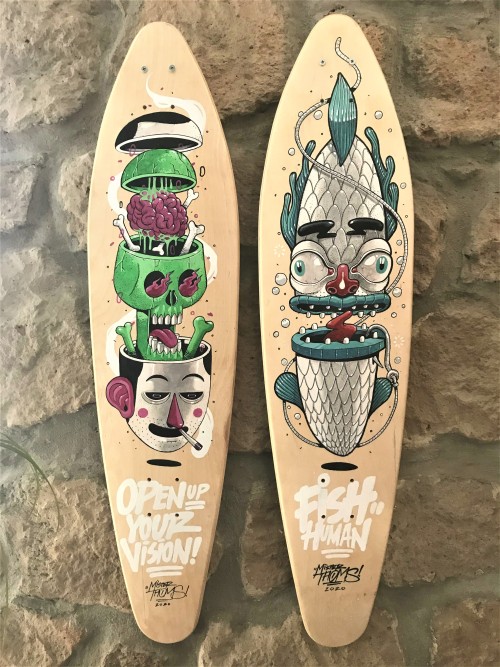 New private commission works Customization on Longboards “Fish Human” and “Open Up Your Vision