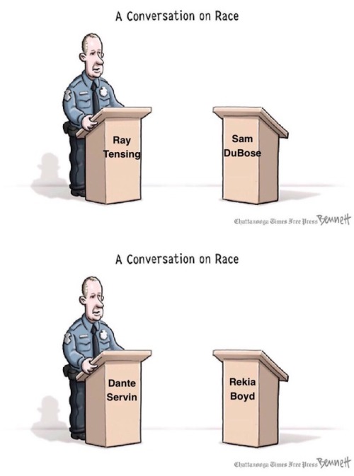 icedriveway:  odinsblog: Kinda seems like a one sided conversation, doesn’t it? I’m tired of “conversations on race” whenever another innocent, unarmed black person is executed by the police. They’re as perfunctory as they are repetitive.  