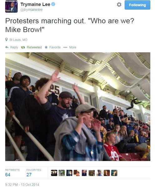 jeankd:ashleighthelion:iwriteaboutfeminism:Ferguson protesters take their message to the Rams game!M