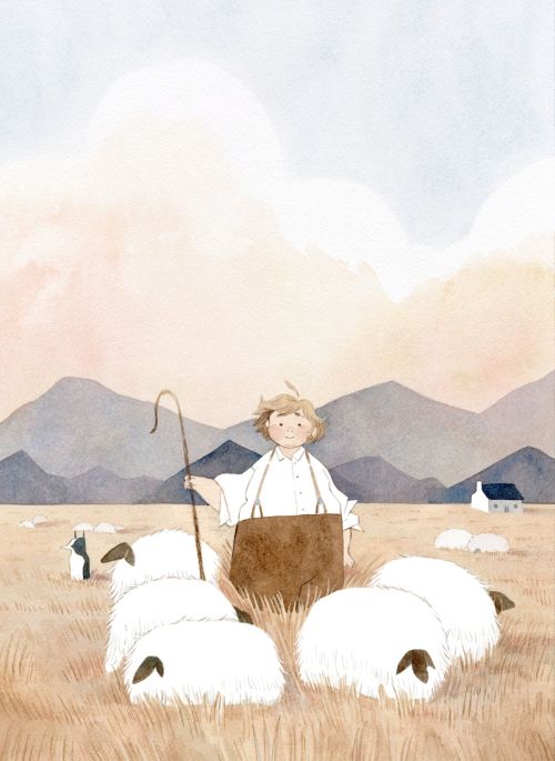 stylized gouache painting of a blond-haired shepherd boy standing in dry grass surrounded by five fluffy sheep. Behind him is a border collie, more sheep, a small, white cottage and mountains painted in sunset