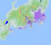 Map where purple shows potential visibility for Mount Fuji.