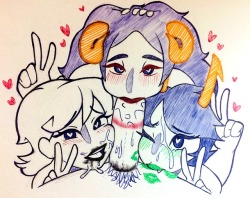 redskinnedmess:  Recent sketch commission of Roxy, Kanaya, and Aradia doing good things. 