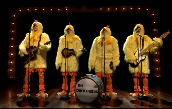 Totally made up band The Chickeneers, which may or may not contain personages resembling Jimmy Fallon, Blake Shelton and Nick Offerman performed the all-chicken version of The Lumineers’ “Ho Hey” on Late Night because what the cluck? Yeah. We went...