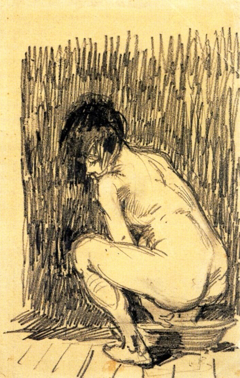 artist-vangogh: Nude Woman Squatting Over a Basin, 1887, Vincent van GoghMedium: pencil,paper