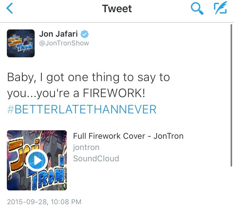 jontronjafari:  BUCKLE UP KIDDIES IT’S FINALLY HERE!https://soundcloud.com/jontron-367050618/full-firework-cover-jontron