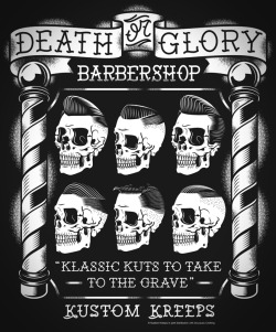 vintagebarbershop:  scoundrelmav: nikscarlett: The new Kustom Kreeps t-shirts are starting to roll in! You know I loved drawing this one up. Death or Glory Barbershop featuring various classic barbershop cuts. On Skulls. Because. Nik Scarlet always killin
