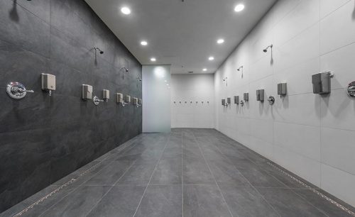 Home team locker room showers at Rogers Place, Edmonton, Canada.The stadium is home to the NHL team 