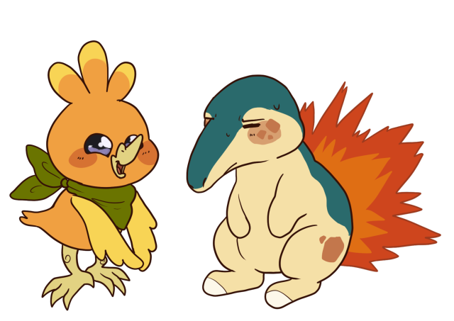 A torchic with a green bandana talking to a cyndaquil. The cyndaquil has freckles on its cheek and back leg.