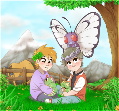 putridpastries:Some Nameless babes enjoying a sunny day in the greens together with some affectionate bugs, made specially for @cherrytisane ;;;u;;; <3It’s sort of a get well gift, inspired by the adorable fic Niro made for Namelessweek’s flower