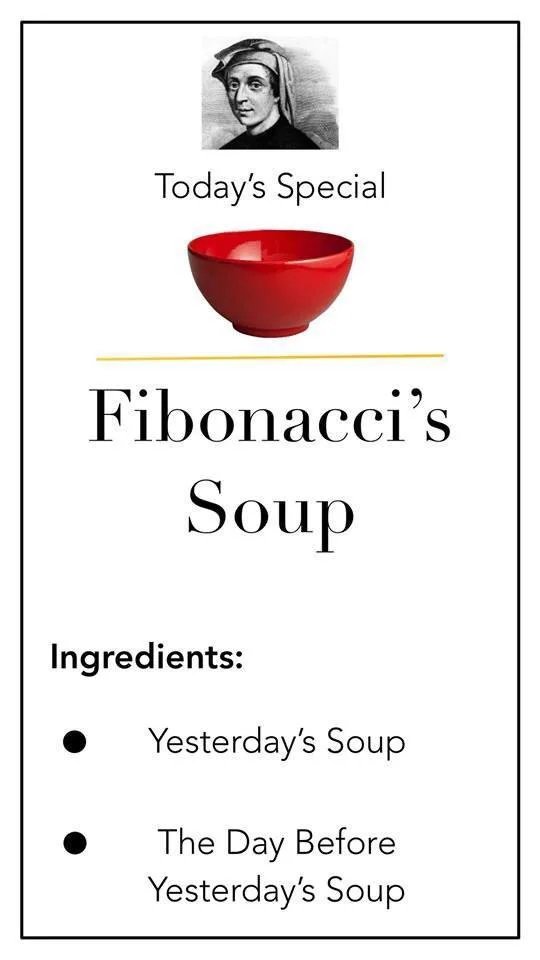 A poster with Fibonacci's face (in a black-and-white pencil drawing) and a picture of a bowl. The poster reads:</p>

<p>Today's special<br/>
Fibonacci's soup<br/>
Ingredients:<br/>
- Yesterday's soup<br/>
- The day before yesterday's soup