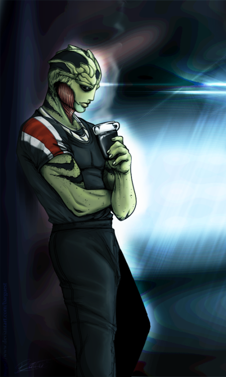 bargu:So.. I was going to draw just Shepard in Thane’s jacket.. but then my hand slipped. Not even s