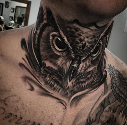 tattooideas123:  Guys Owl Neck Tattoohttp://tattooideas247.com/owl-guys-neck/