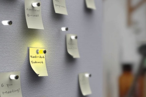 escapekit:  Light-Up Memo Note Timer Pins Light-Up Memo Note Timer Pins is one of the best design concepts of 2013 at Red Dot Awards. Light-Up is a very functional piece of technology invented by designer Kim Sung Min. Each electric pin-up board pin